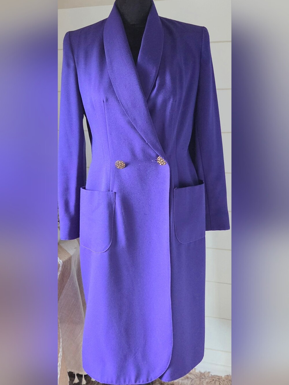 Vintage 80s Leslie Fay Purple Wool Blend Shawl Collar Tuxedo Coat Dress Size 8